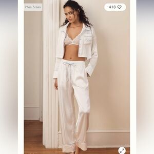 Elegant Bridal white satin sleepwear set with icy blue trim.